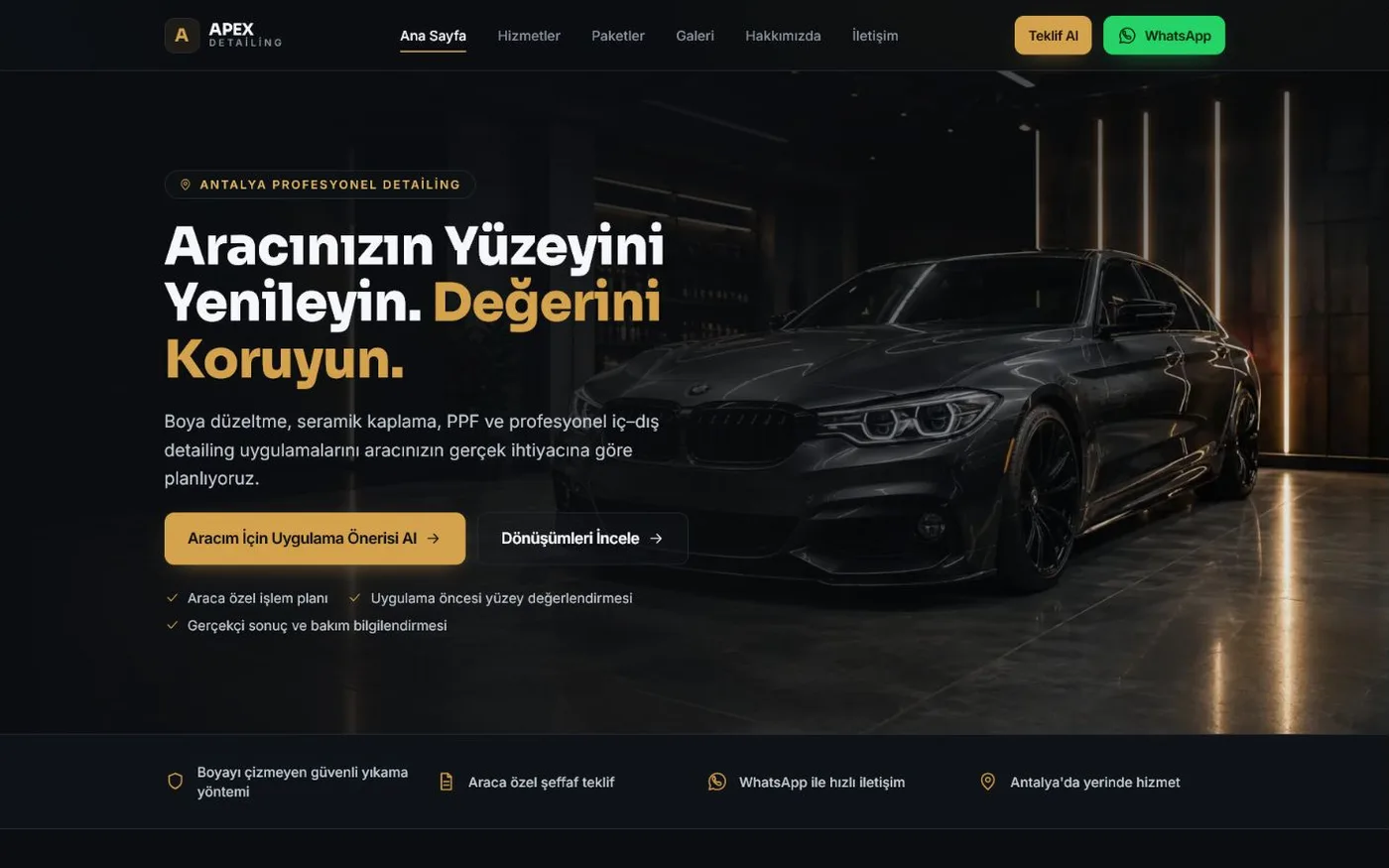 Apex Detailing sektör çalışmasının gerçek arayüzü